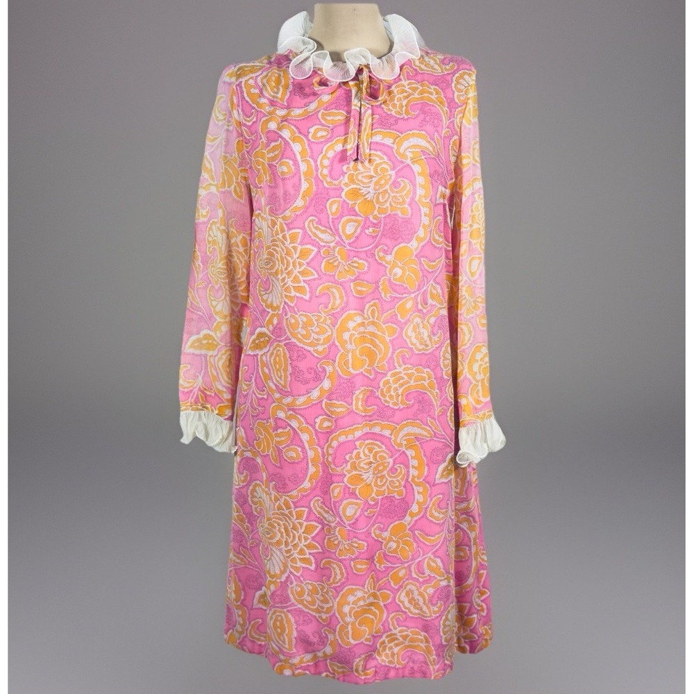 Vintage 1960s Stacy Ames‎ Pink Orange Floral Mod Dress Ruffle Collar ILGWU Union